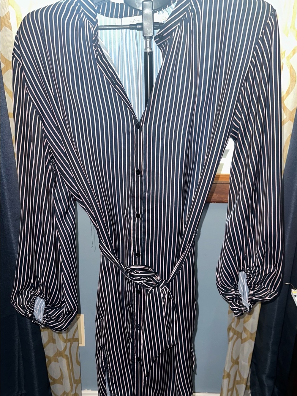 bishop + young Navy Blue and White Vertical Stripe Long Sleeve Tie-Waist Dress